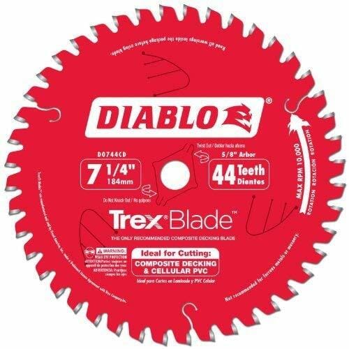 Diablo TrexBlade 7-1/4" circular saw blade with red body and 44 carbide teeth. Labeled for cutting composite decking and cellular PVC, featuring triple chip grind and TiCo carbide tips. Includes safety warnings and 10,000 RPM max speed rating.