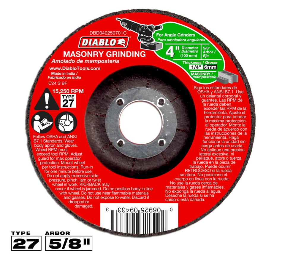 The image shows a red Diablo 4-inch masonry grinding wheel. The wheel has safety instructions and specifications printed on its surface, including a maximum speed of 15,250 RPM and its suitability for grinding masonry.