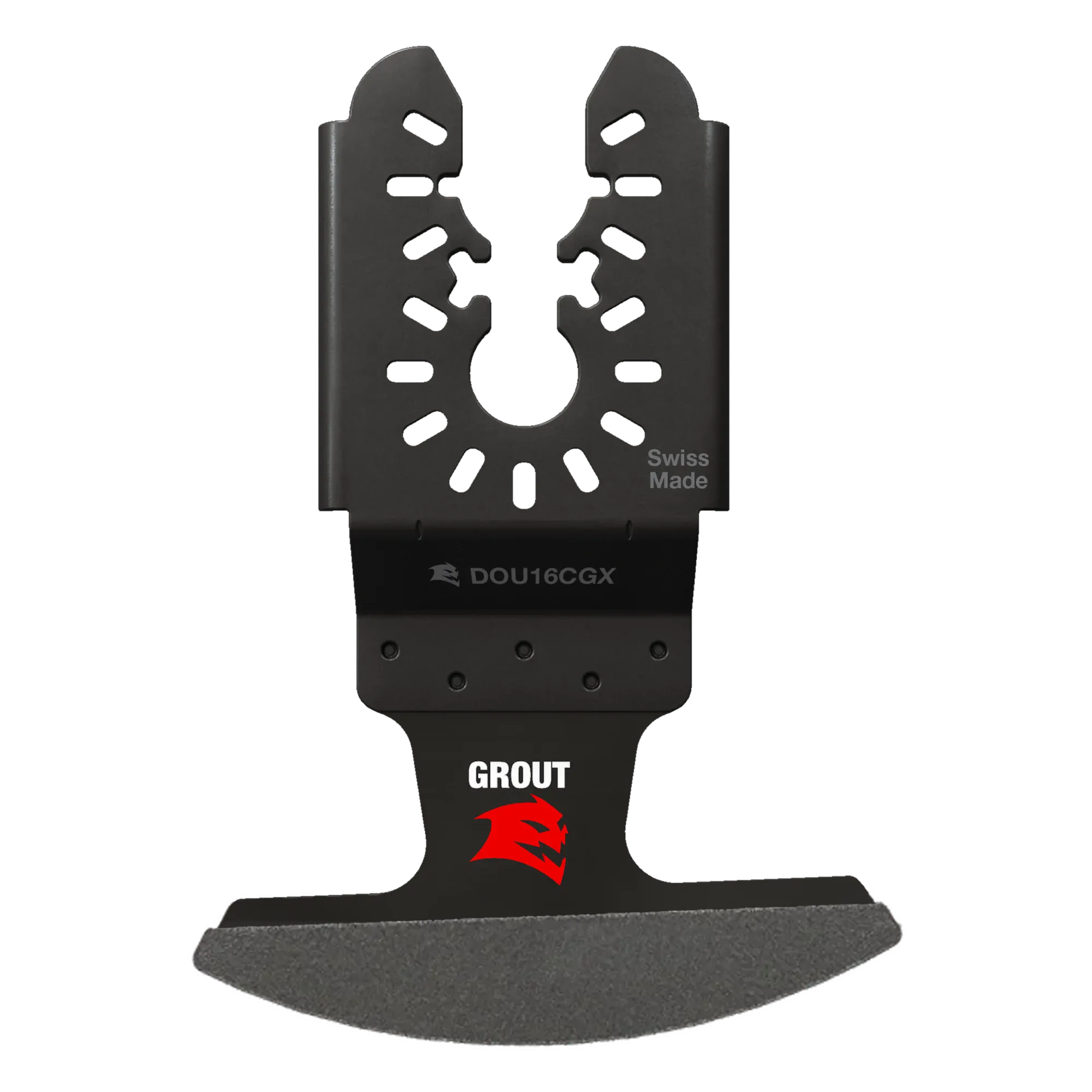 Diablo universal fit diamond grit oscillating multi tool blade model DOU16CGX for grout removal and tile repair viewed from the front showing its segmented curved cutting edge and black steel universal shank laser etched with Swiss Made.
