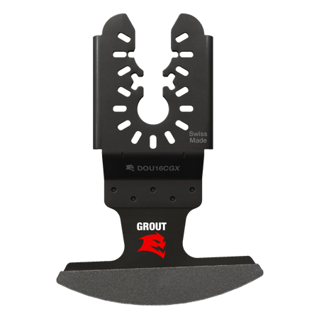 Diablo universal fit diamond grit oscillating multi tool blade model DOU16CGX for grout removal and tile repair viewed from the front showing its segmented curved cutting edge and black steel universal shank laser etched with Swiss Made.