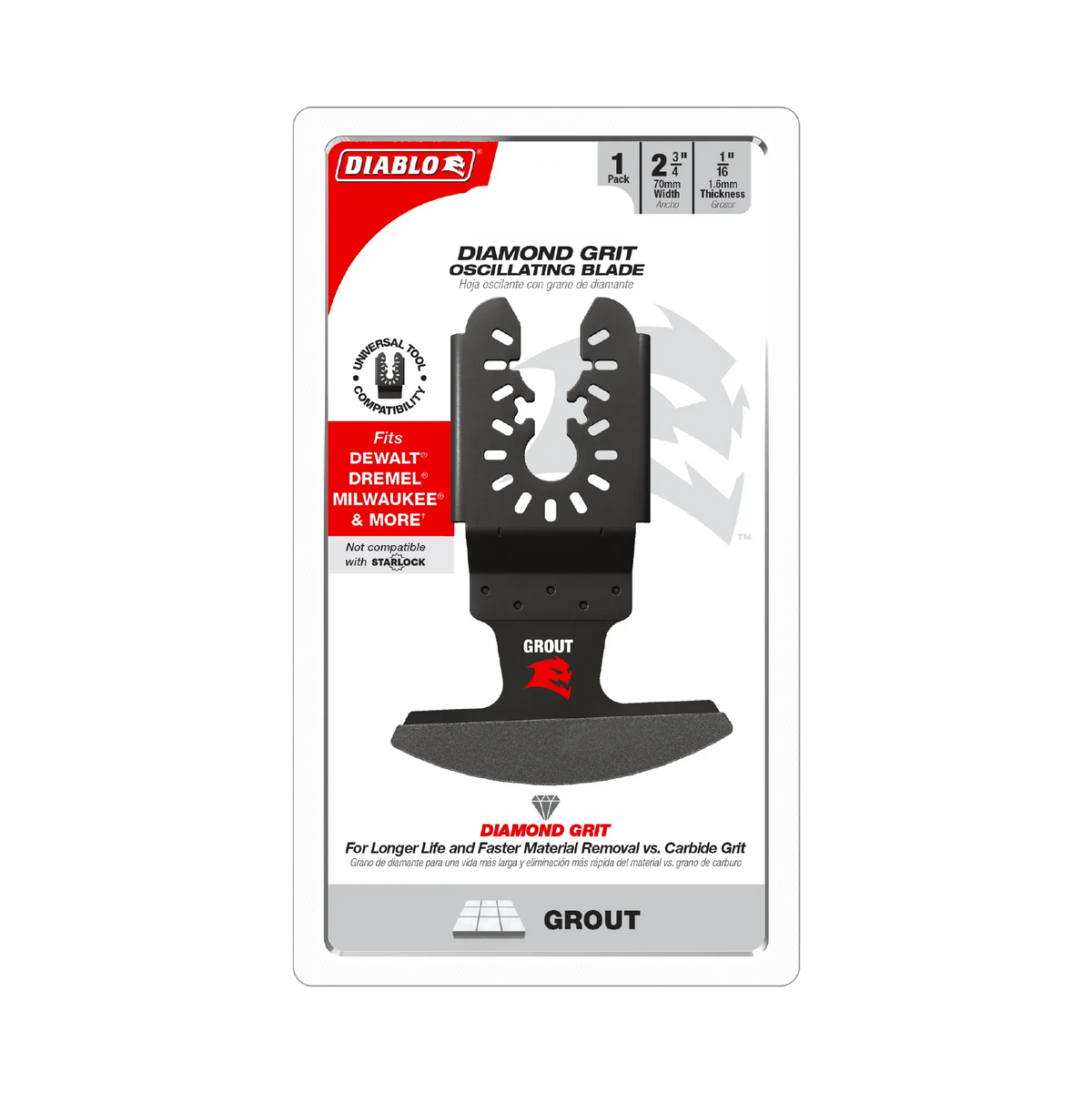 Retail blister card packaging for the Diablo universal fit diamond grit oscillating multi tool blade for grout removal displaying text details for two and three quarter inch width or seventy millimeter width and one sixteenth inch or one point six millimeter thickness with universal tool compatibility icons.