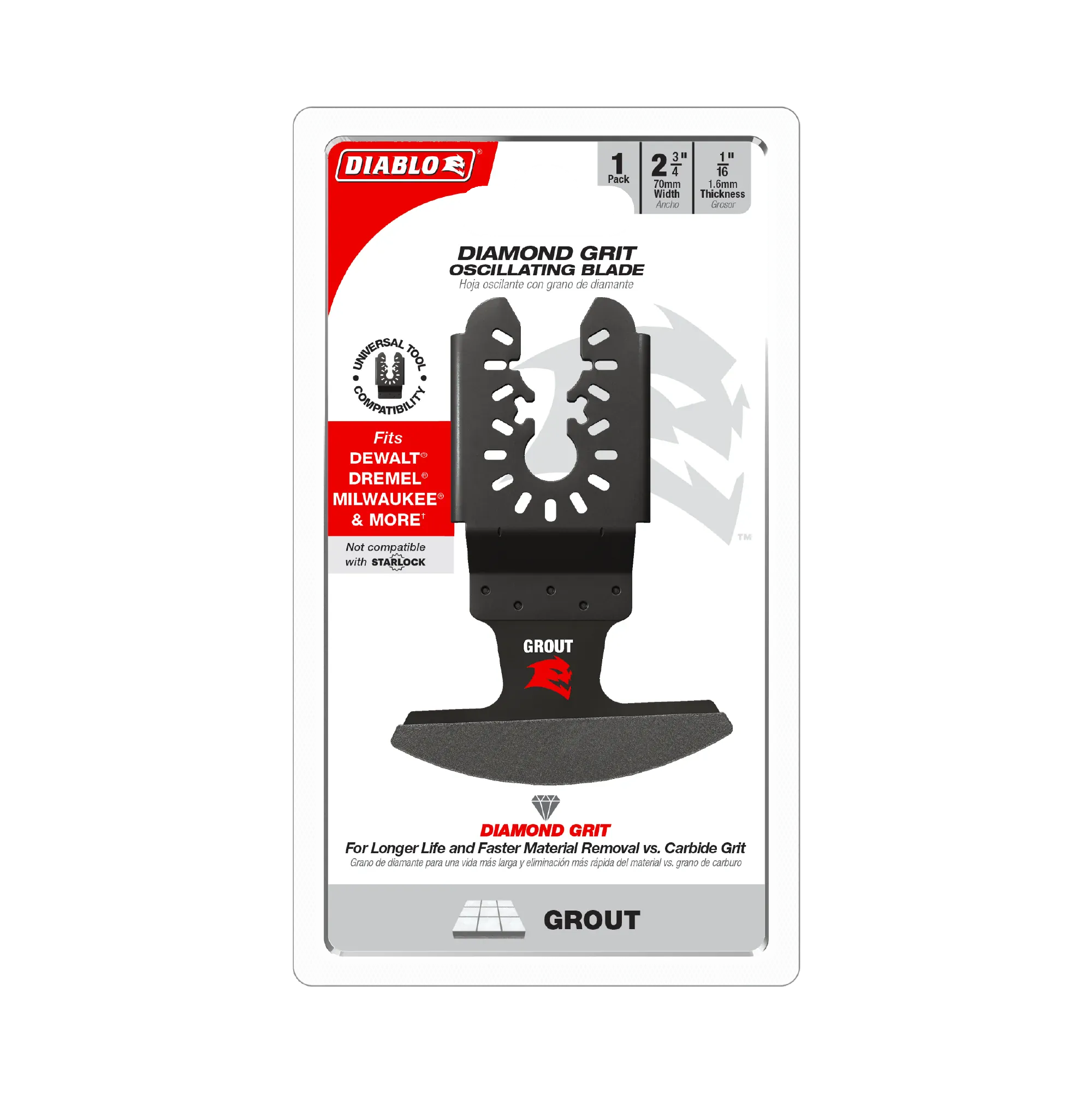 Retail blister card packaging for the Diablo universal fit diamond grit oscillating multi tool blade for grout removal displaying text details for two and three quarter inch width or seventy millimeter width and one sixteenth inch or one point six millimeter thickness with universal tool compatibility icons.