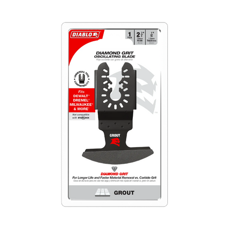 Retail blister card packaging for the Diablo universal fit diamond grit oscillating multi tool blade for grout removal displaying text details for two and three quarter inch width or seventy millimeter width and one sixteenth inch or one point six millimeter thickness with universal tool compatibility icons.
