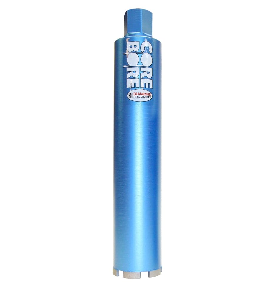 A full-length view of the Diamond Products 09978 Core Bore 1-inch Star Blue wet diamond core bit featuring a high-visibility blue steel body, a 5/8-11 threaded hub, and professional-grade diamond segments for drilling in cured concrete.
