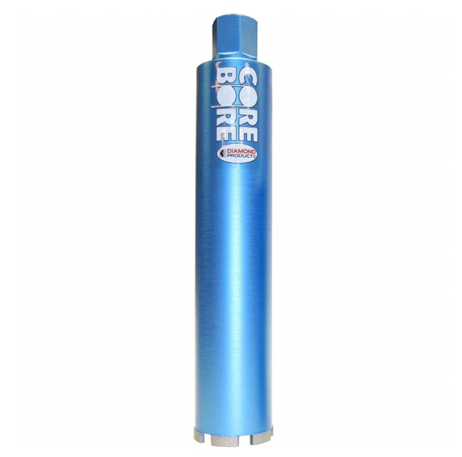 A full-length view of the Diamond Products 09989 Core Bore 1.5-inch Star Blue wet diamond core bit featuring a high-visibility blue steel body, a 5/8-11 threaded hub, and professional-grade diamond segments for drilling in cured concrete.