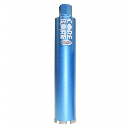 A full-length view of the Diamond Products 09989 Core Bore 1.5-inch Star Blue wet diamond core bit featuring a high-visibility blue steel body, a 5/8-11 threaded hub, and professional-grade diamond segments for drilling in cured concrete.