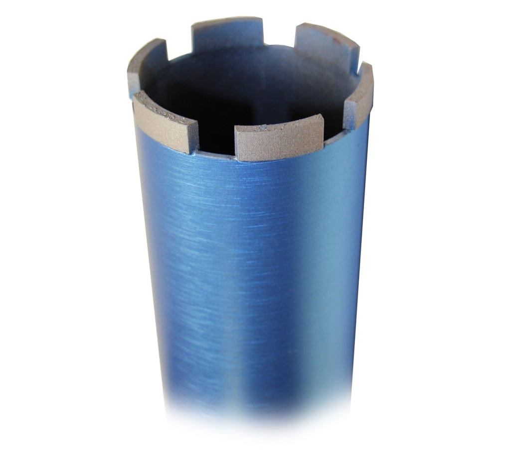 A close-up perspective of the cutting head on the 1.5-inch Star Blue wet coring bit showcasing the precision-engineered diamond segments designed for fast material removal and clean through-holes in hard masonry.