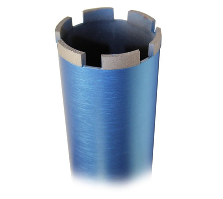 A close-up perspective of the cutting head on the 3-1/2 inch Star Blue wet coring bit showcasing the precision-engineered diamond segments designed for fast material removal and clean through-holes in hard masonry.