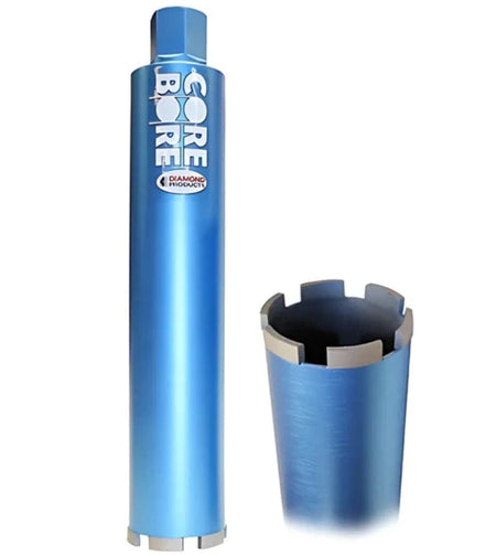 A composite product image showing both the full 13-inch length and a detailed view of the diamond segments on the Diamond Products 10055 Core Bore 3-1/2 inch wet diamond core bit.