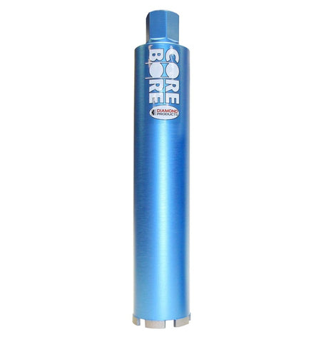 A full-length view of the Diamond Products 10072 Core Bore 4-1/4 inch Star Blue wet diamond core bit featuring a high-visibility blue steel body, a 5/8-11 threaded hub, and professional-grade diamond segments for drilling in cured concrete.