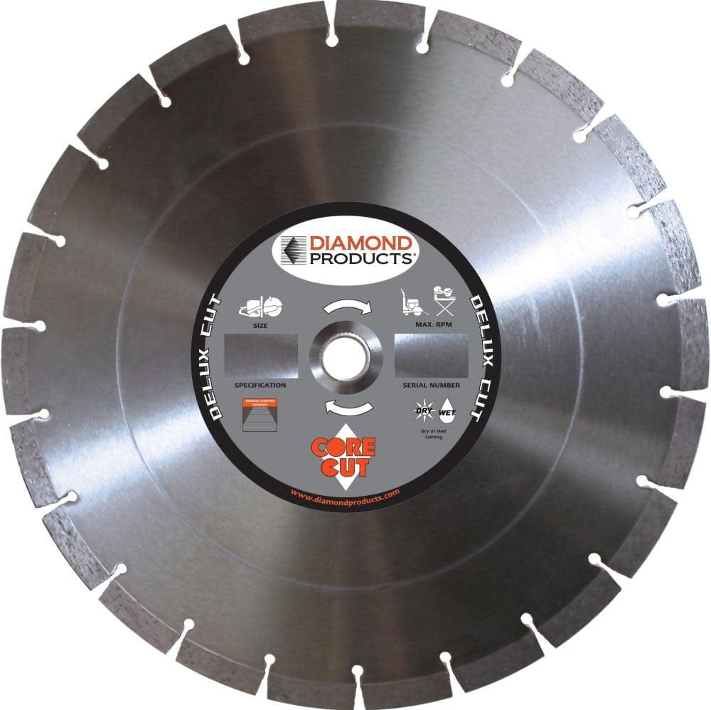A top-down view of the Diamond Products 20926 Delux-Cut H8D 16-inch segmented diamond blade, featuring a polished steel core with premium segments designed for wet or dry cutting of cured concrete, brick, and stone.