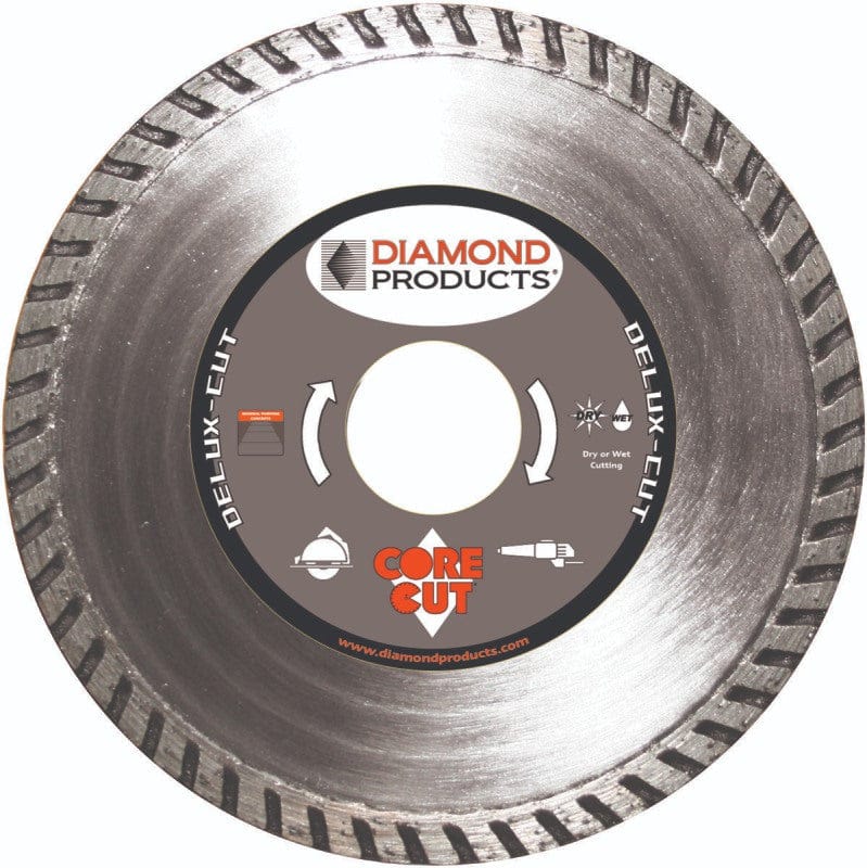 A studio product shot of the Diamond Products 21124 4-inch Delux-Cut turbo diamond blade, featuring a silver steel body with a continuous serrated turbo rim and a grey center label highlighting core-cut technology for wet or dry masonry cutting.