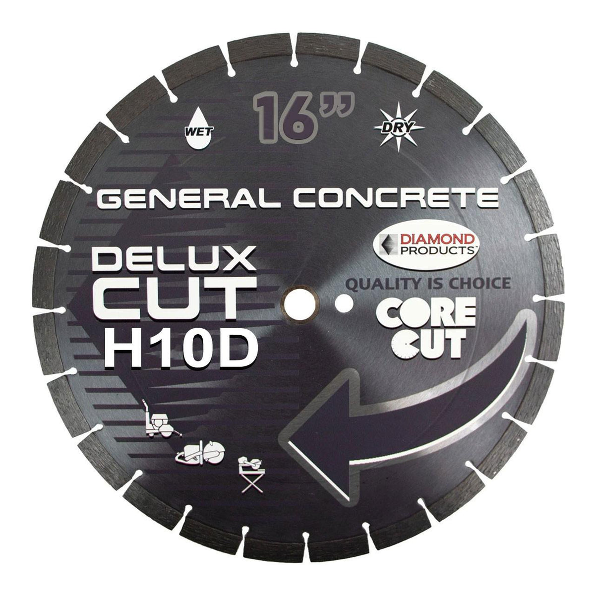A top-down view of the Diamond Products 50545 16-inch Delux-Cut H10D segmented diamond blade featuring a black core with silver segments, labeled for wet or dry use on general concrete, asphalt, and brick with a 1-inch arbor.