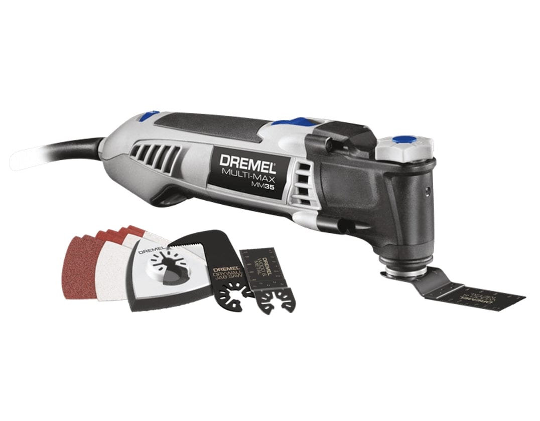 A studio shot of the Dremel Multi-Max MM35 oscillating tool with several included accessories, such as blades and sanding sheets, displayed in front.