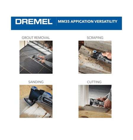 A marketing graphic showing the Dremel MM35's application versatility in four quadrants: grout removal, scraping, sanding, and cutting.