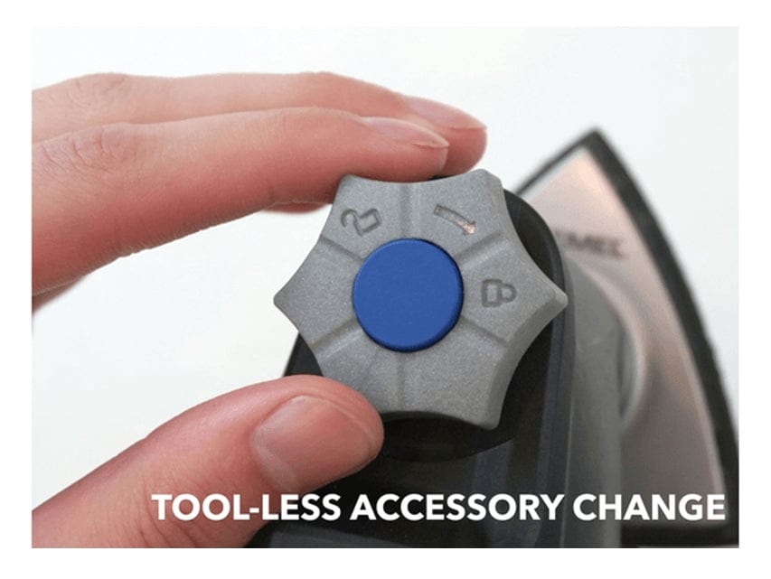 A close-up macro shot of a hand turning the tool-less accessory change knob on the Dremel Multi-Top MM35.