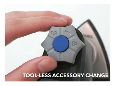 A close-up macro shot of a hand turning the tool-less accessory change knob on the Dremel Multi-Top MM35.