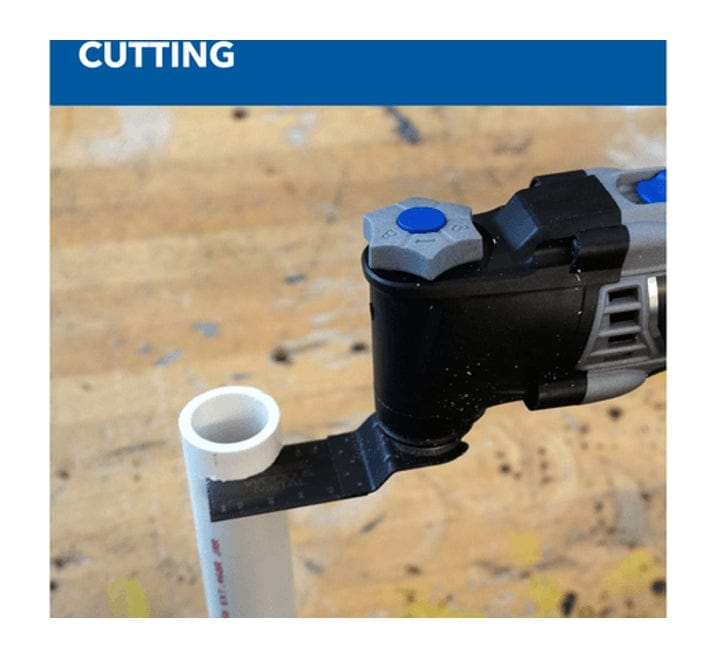A close-up action shot, labeled "CUTTING," showing the Dremel Multi-Max MM35 with a flush-cut blade cutting a white PVC pipe.