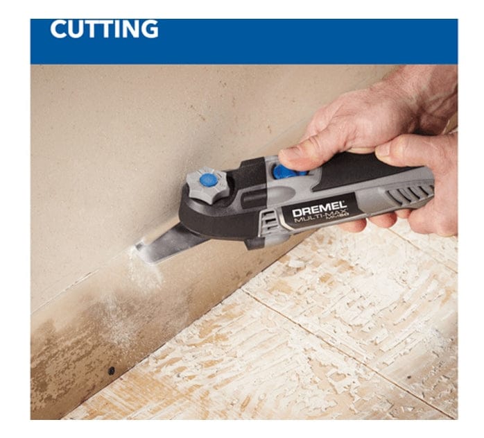 An action shot, labeled "CUTTING," showing the Dremel Multi-Max MM35 with a flush-cut blade cutting the bottom of a drywall sheet near the floor.
