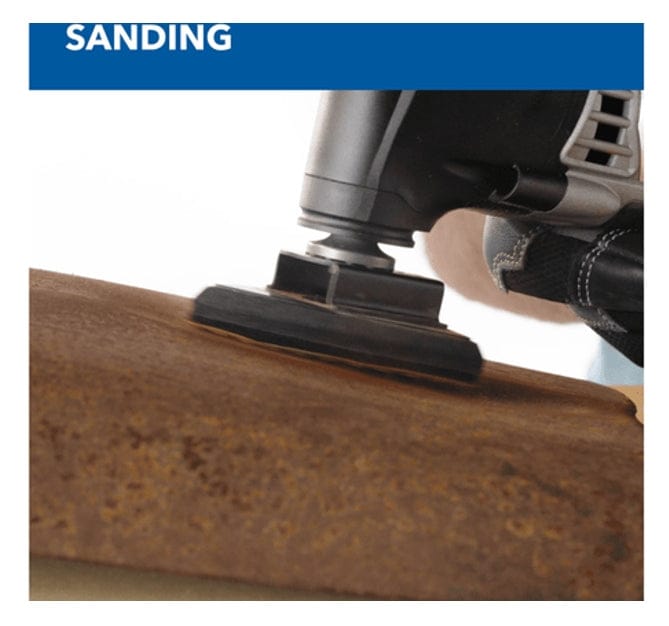 A close-up action shot, labeled "SANDING," showing the Dremel Multi-Max MM35 with a sanding pad attachment removing rust from a curved metal surface.
