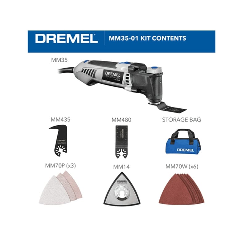 A diagram showing the Dremel MM35-01 kit contents, including the tool, various blades, a sanding pad, sanding sheets, and the storage bag.