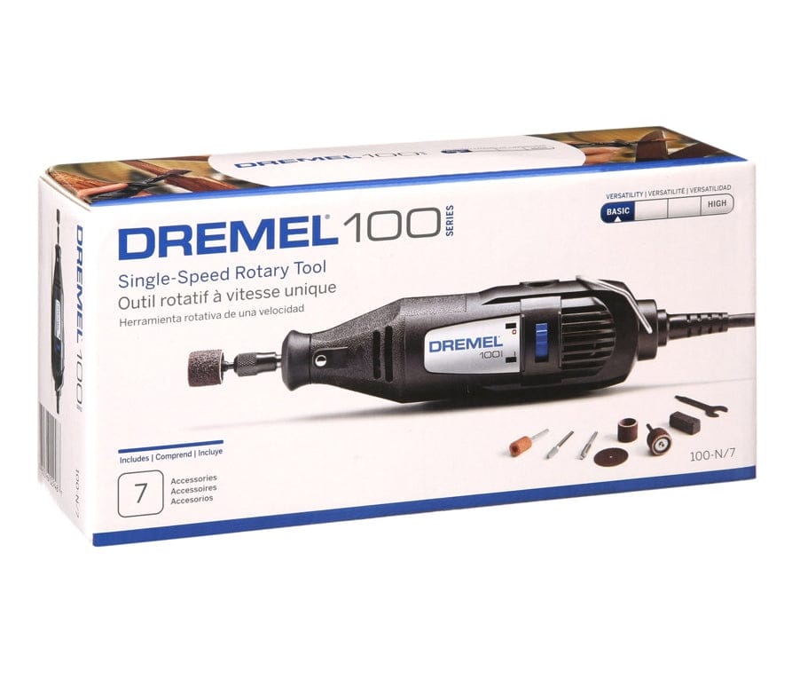 The official retail box for the Dremel 100 Series Single-Speed Rotary Tool kit, model 100-N/7, showing the tool and its 7 included accessories.