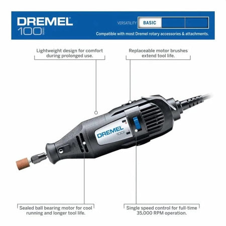 An informational graphic of the Dremel 100 rotary tool with callouts pointing to key features: "Lightweight design," "Replaceable motor brushes," "Sealed ball bearing motor," and "Single speed control."