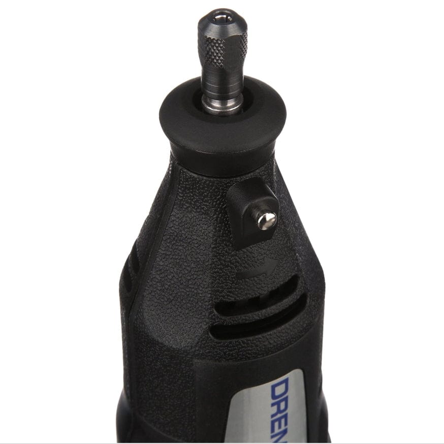 A detailed close-up of the front of the Dremel 100 rotary tool, showing the collet, collet nut, and the blue shaft lock button.