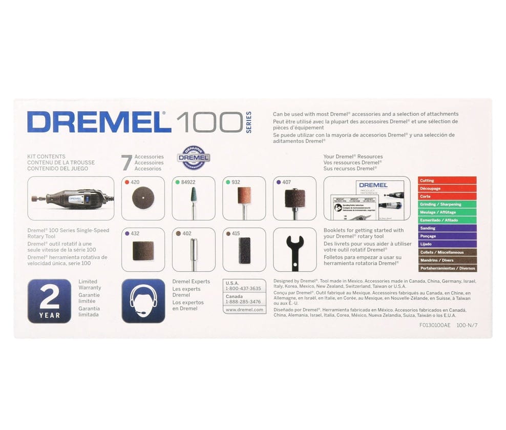 An informational graphic detailing the kit contents of the Dremel 100 Series 100-N/7, showing the tool, the 2-year warranty, and all 7 included accessories with their model numbers.