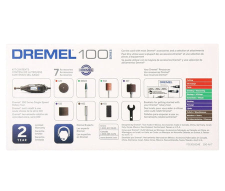 An informational graphic detailing the kit contents of the Dremel 100 Series 100-N/7, showing the tool, the 2-year warranty, and all 7 included accessories with their model numbers.