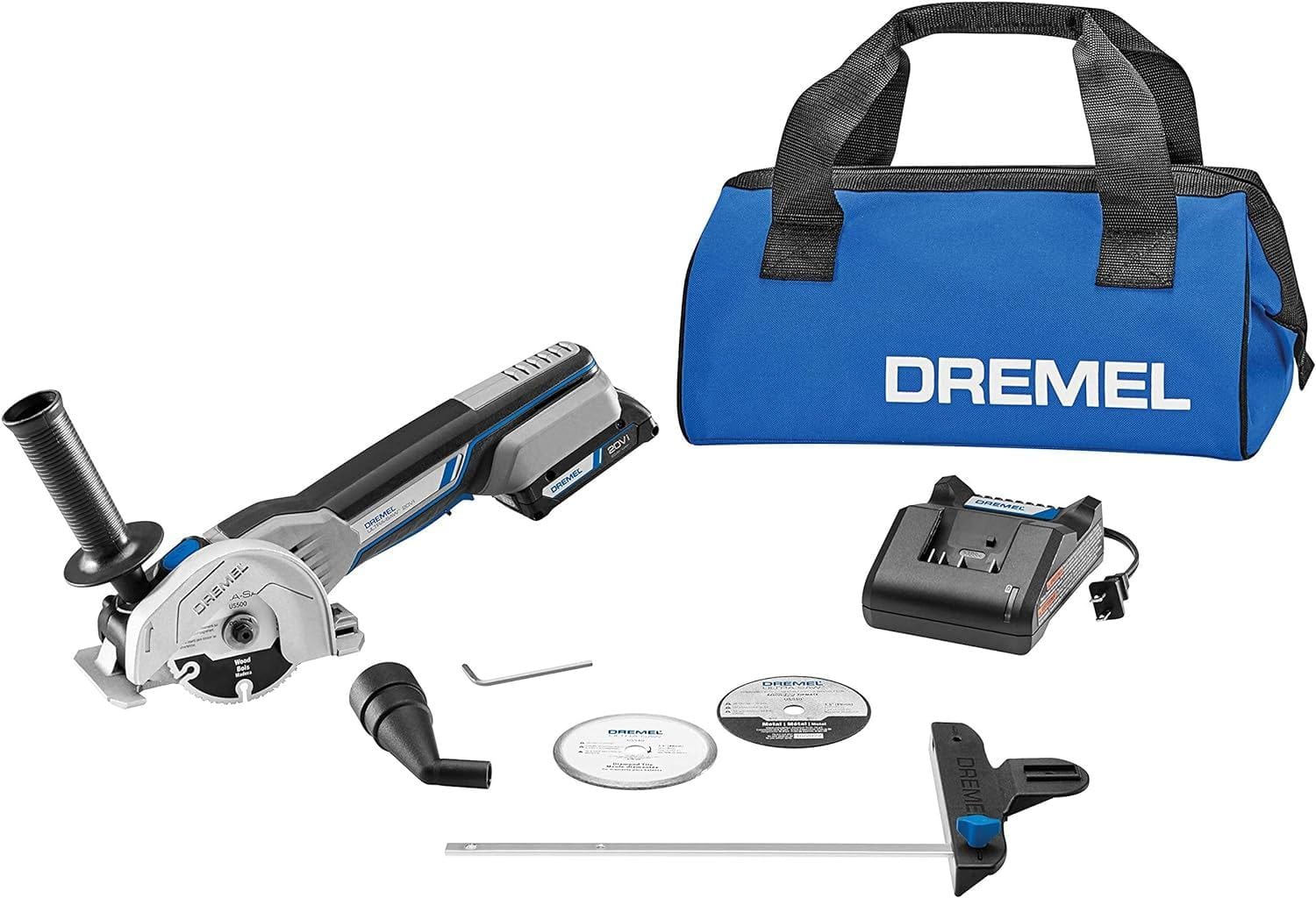 A studio shot of the complete Dremel US20V Ultra-Saw kit, including the tool, battery, charger, blue storage bag, edge guide, dust port, and cutting wheels.