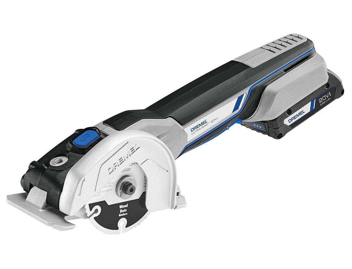 A three-quarter angle studio shot of the Dremel 20V Ultra-Saw, highlighting the lock-on button and the US500 wood blade.