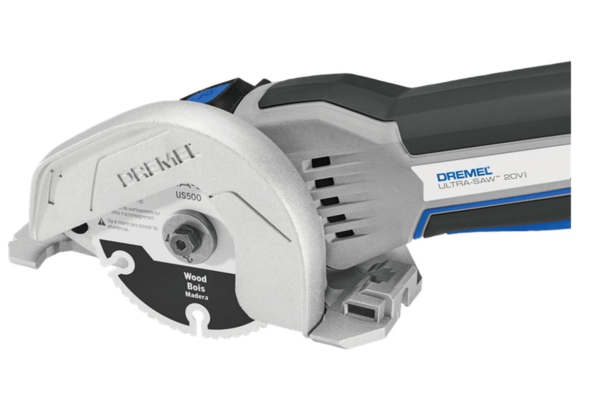 A detailed close-up of the blade guard and metal shoe on the Dremel US20V Ultra-Saw, with a US500 wood cutting blade installed.