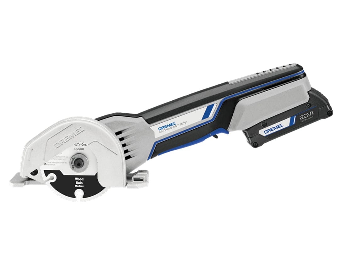 A full side profile studio shot of the Dremel 20V Ultra-Saw with a 20V battery and US500 wood blade attached.