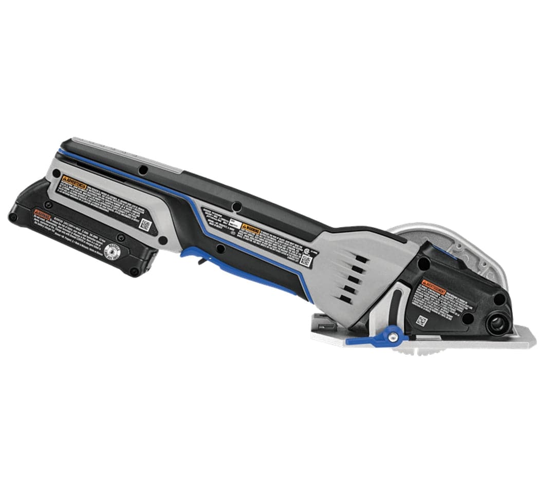 The back-side profile of the Dremel 20V Ultra-Saw, showing the grip, 20V battery, and safety warning labels.