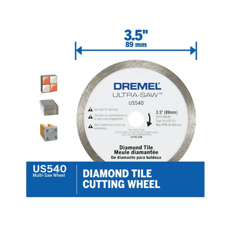 A marketing graphic for the Dremel US540 3.5-inch Diamond Tile Cutting Wheel, showing its compatibility with wall tile and pavers.