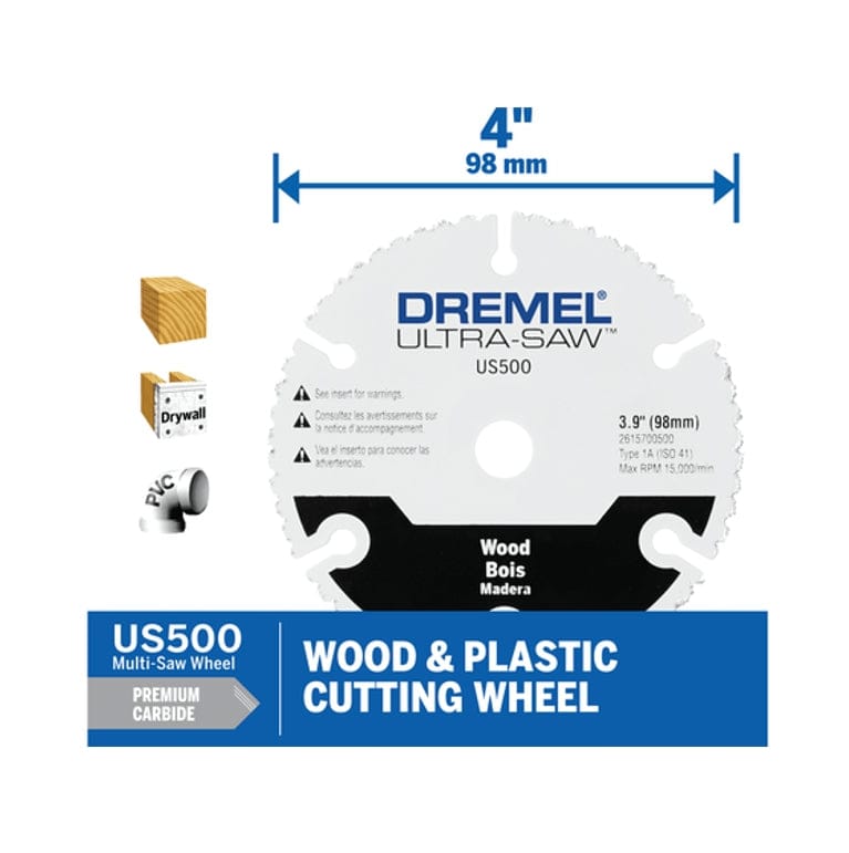 A marketing graphic for the Dremel US500 4-inch Wood & Plastic cutting wheel, showing its compatibility with wood, drywall, and PVC.