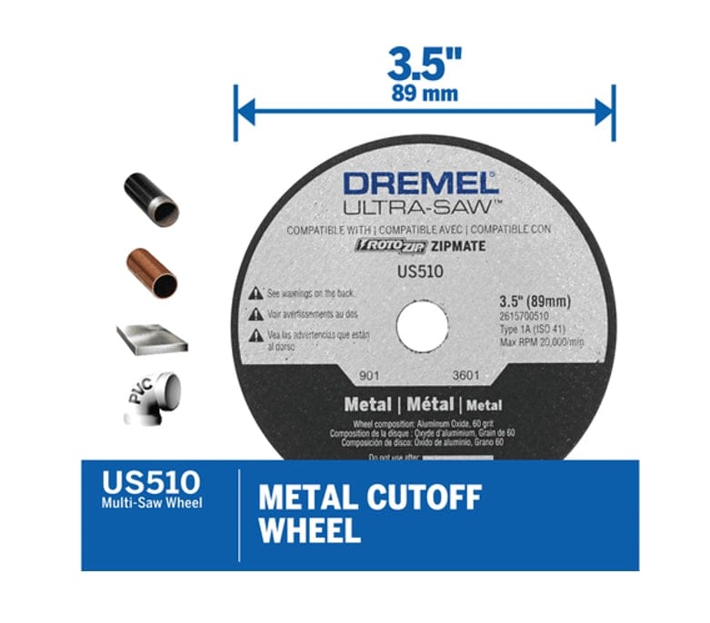 A marketing graphic for the Dremel US510 3.5-inch Metal Cutoff Wheel, showing its compatibility with various metal pipes, sheet metal, and PVC.