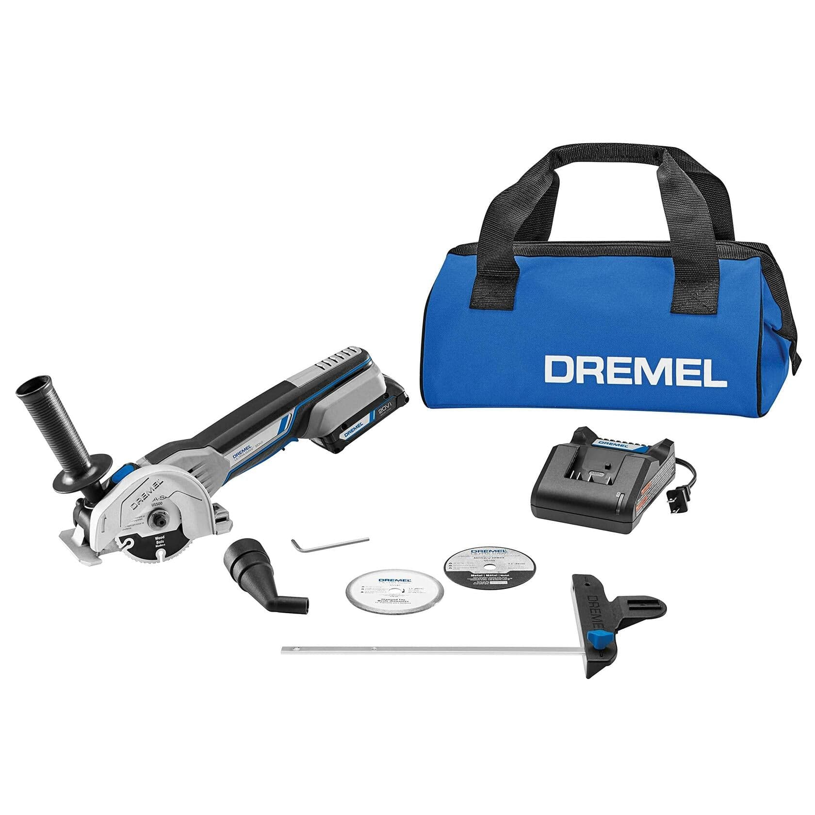 The complete reconditioned Dremel US20V-01 cordless saw kit, including the tool with handle, battery, charger, three cutting wheels, edge guide, dust port, and blue Dremel storage bag.