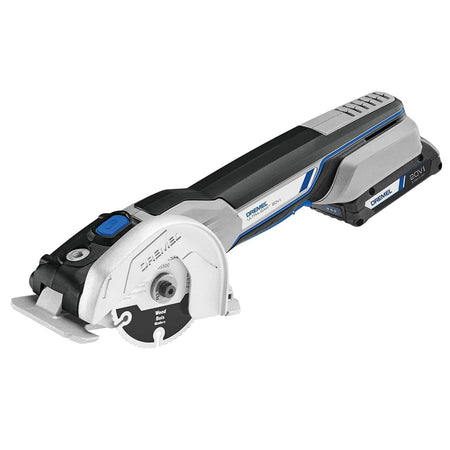 Side profile of the Dremel US20V cordless compact circular saw with the wood cutting blade and 20V MAX battery attached.