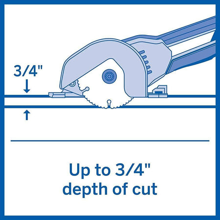 A diagram illustrating the Dremel Ultra-Saw's cutting capacity, with text that reads "Up to 3/4" depth of cut."