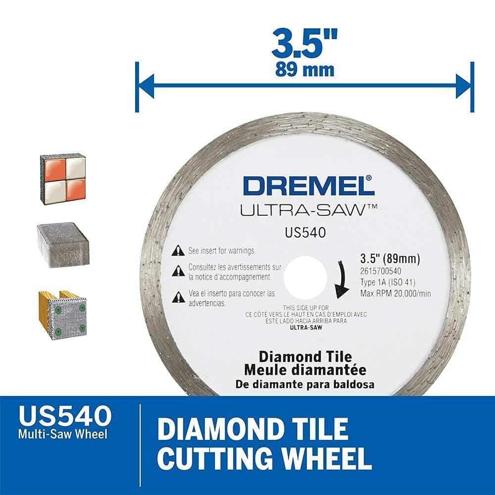 Infographic for the Dremel US540 diamond tile cutting wheel, showing its 3.5-inch diameter and examples of materials it cuts like ceramic and stone tiles.