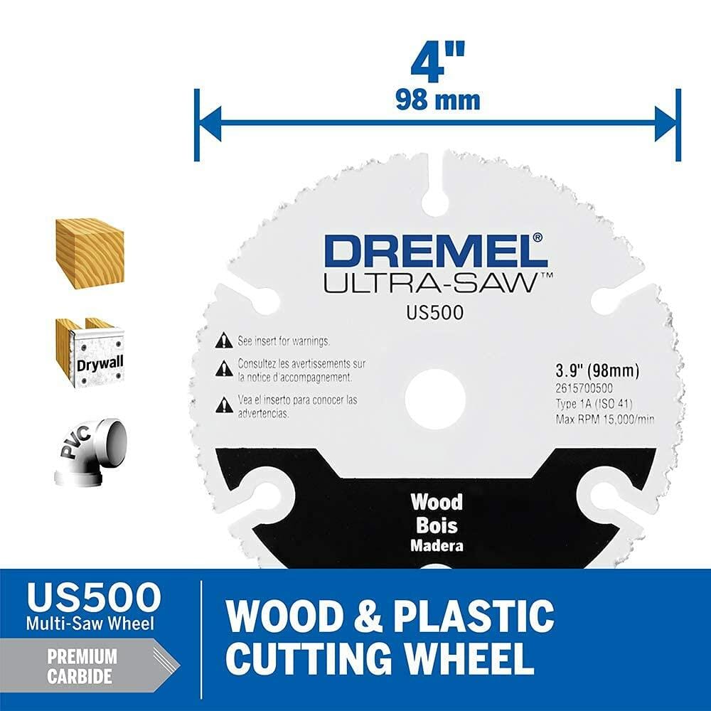 Infographic for the Dremel US500 wood and plastic cutting wheel, showing its 4-inch diameter and icons for cutting wood, drywall, and PVC.