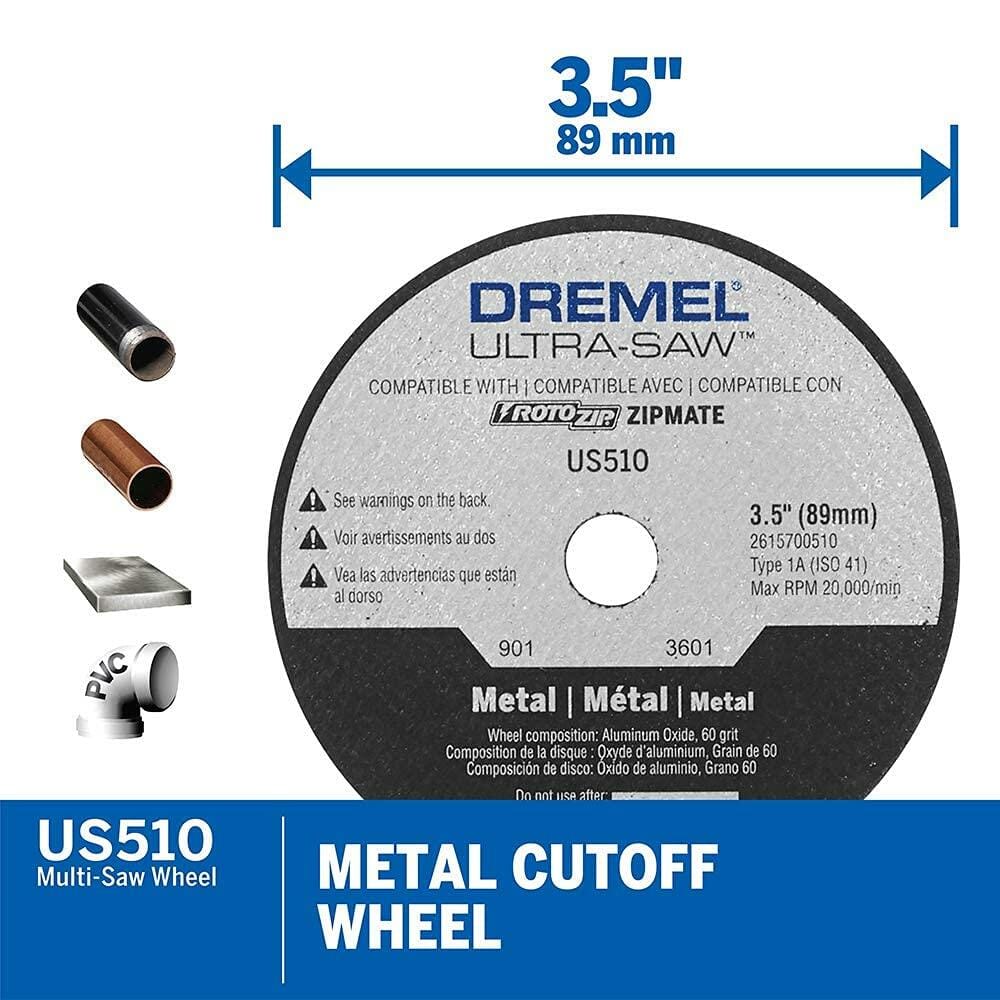 Infographic for the Dremel US510 metal cutoff wheel, detailing its 3.5-inch diameter and its use for cutting metal pipe and PVC.
