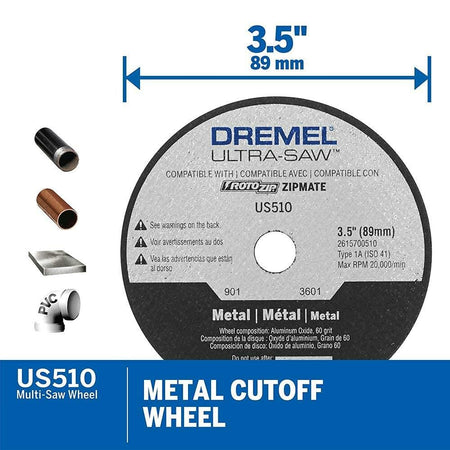 Infographic for the Dremel US510 metal cutoff wheel, detailing its 3.5-inch diameter and its use for cutting metal pipe and PVC.