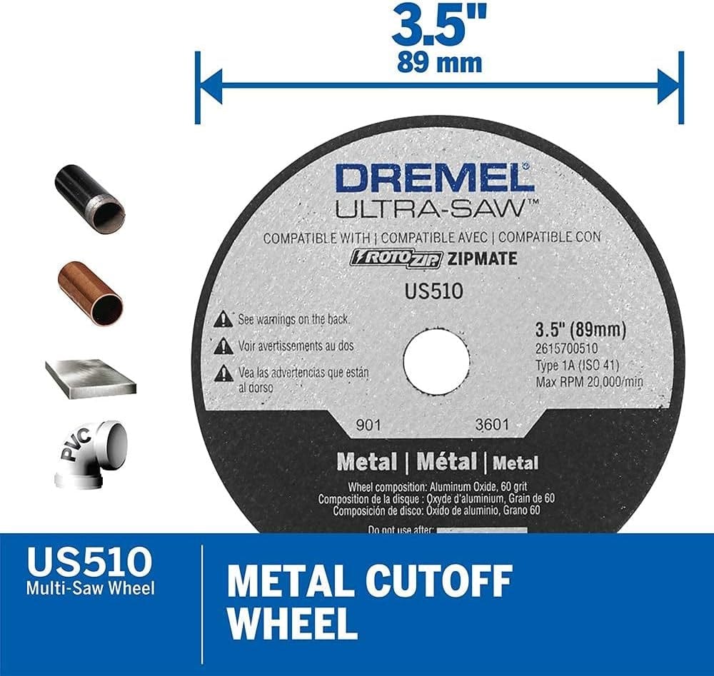 Infographic for the Dremel US510 metal cutoff wheel, detailing its 3.5-inch diameter and its use for cutting metal pipe and PVC.