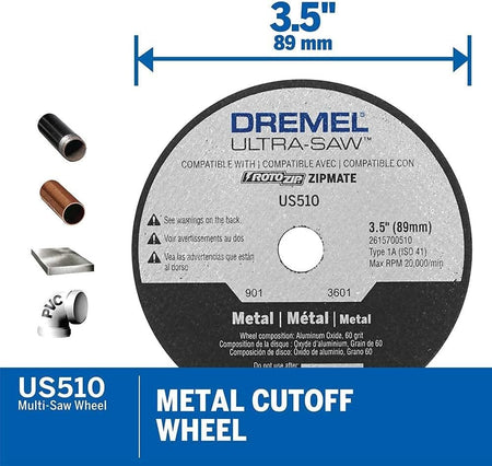 Infographic for the Dremel US510 metal cutoff wheel, detailing its 3.5-inch diameter and its use for cutting metal pipe and PVC.