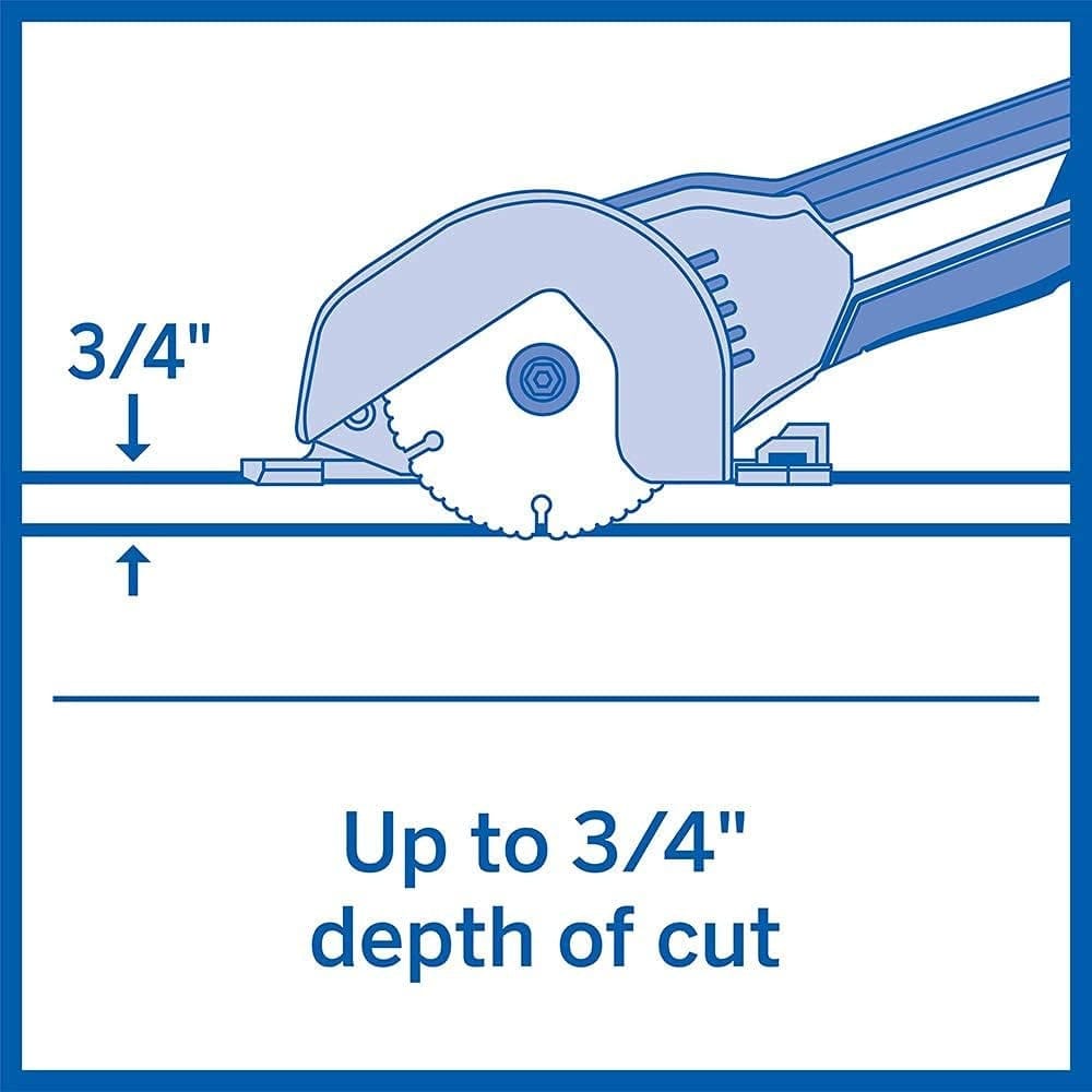 A diagram illustrating the Dremel Ultra-Saw's cutting capacity, with text that reads "Up to 3/4" depth of cut."