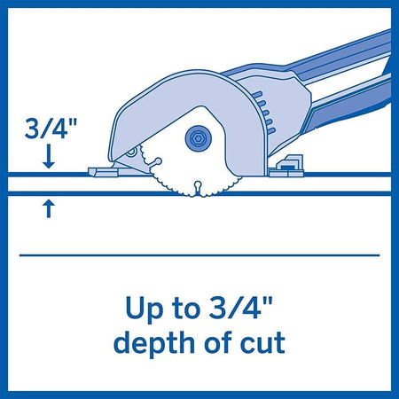 A diagram illustrating the Dremel Ultra-Saw's cutting capacity, with text that reads "Up to 3/4" depth of cut."