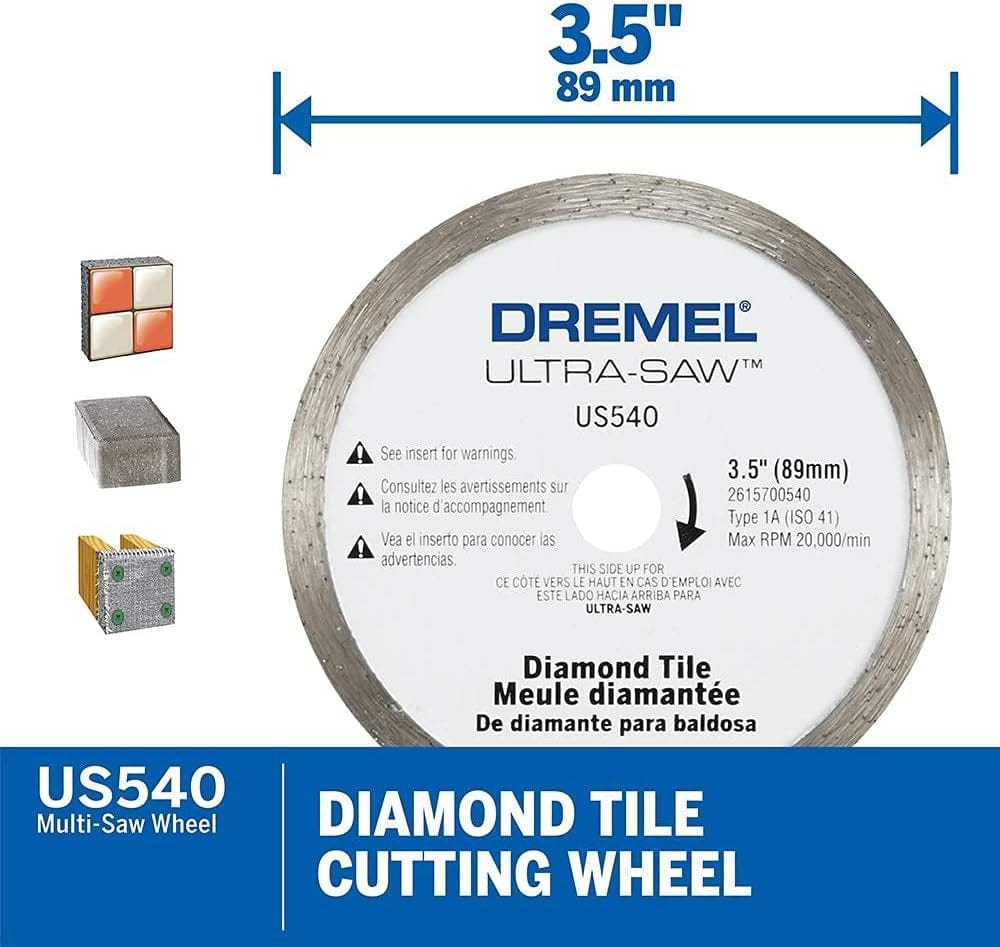 Infographic for the Dremel US540 diamond tile cutting wheel, showing its 3.5-inch diameter and examples of materials it cuts like ceramic and stone tiles.